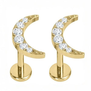 EAR LOBE PIERCING WITH Gold Titanium Gem Crescent Moons